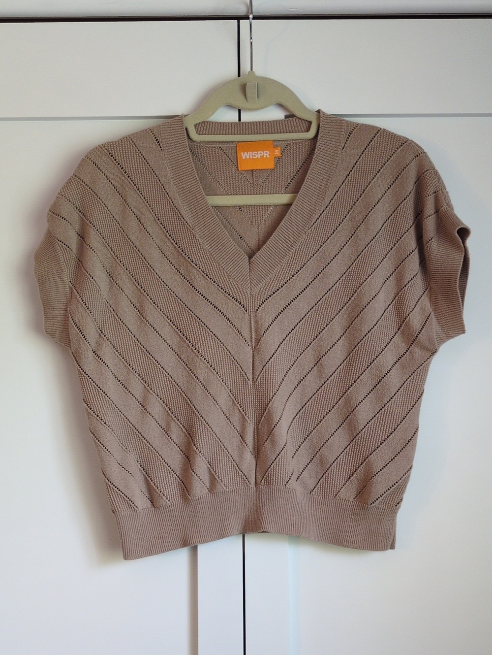 WSPR by Brodie Cashmere 100% Cotton Taupe Chevron Knit V-Neck Sweater Top Size M
